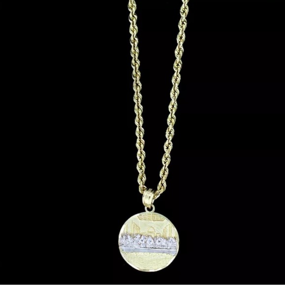 10K Yellow Gold Last Supper Jesus Charm Pendant With 2mm Rope